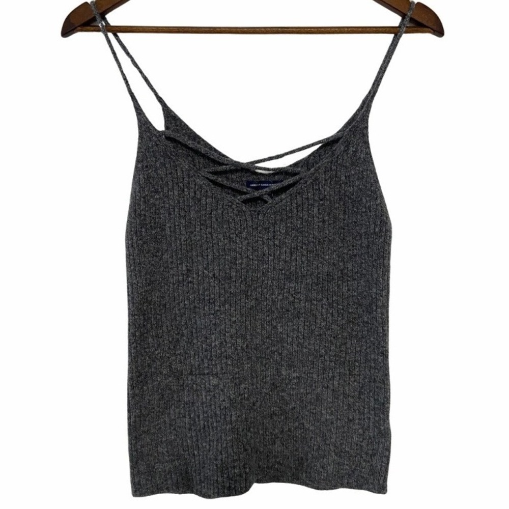 American Eagle Outfitters Cami Top Gray Ribbed Crisscross Spaghetti Strap Sz L - Picture 1 of 8